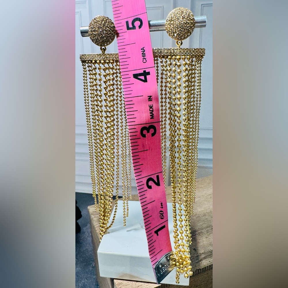 Gold Tone & CZ Tassel Statement Earrings - SKU G - Picture 5 of 5